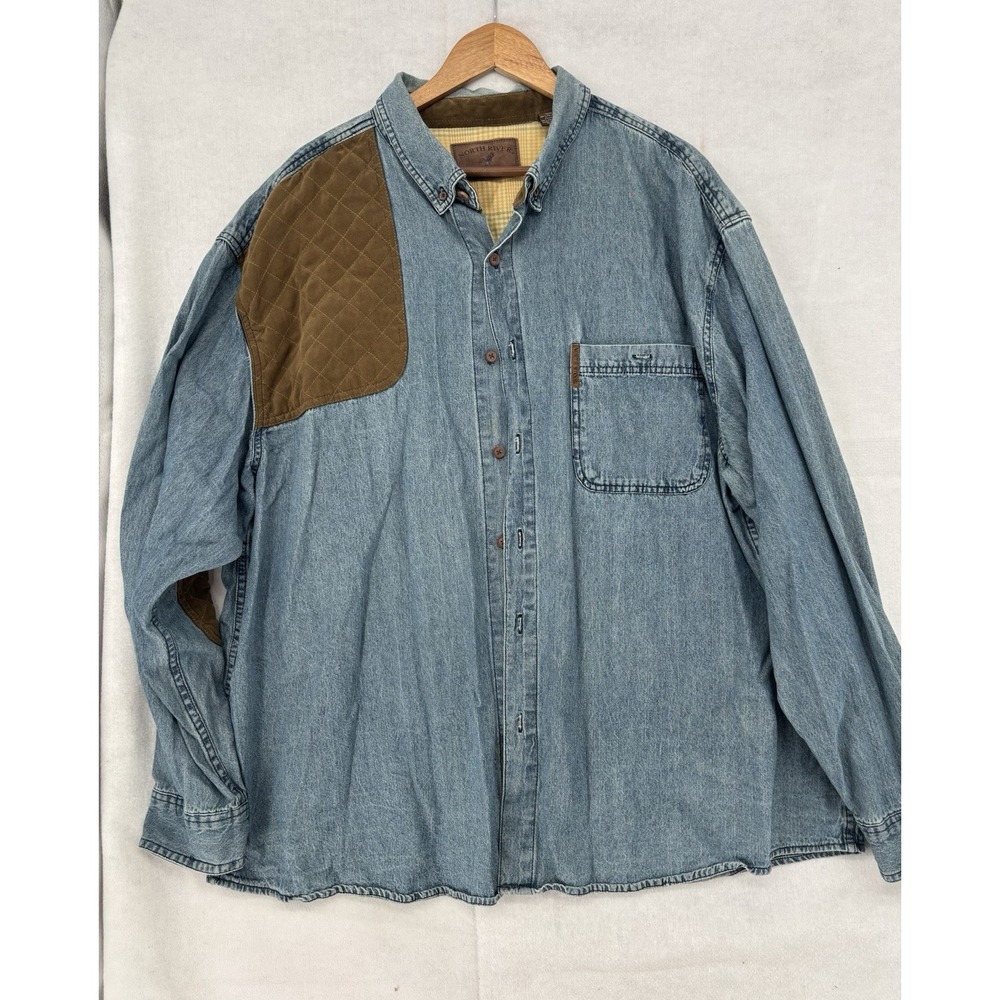 North River Outfitters Mens 3XL Denim Shirt Cotton Button Front Elbow Patches
